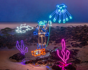 Light painting photography created for Minecraft featuring Drowned and water characters drawn with glowing light at night.