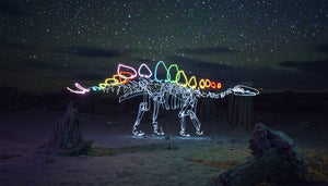 A glowing stegosaurus created with light painting photography under a starry night sky.