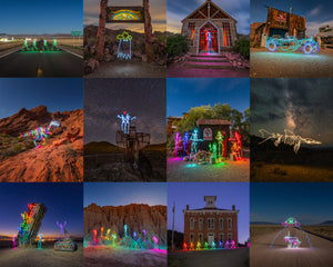 Light painting photography created for Travel Nevada featuring skeletons, dinosaurs, and glowing figures photographed during a road trip across Nevada.